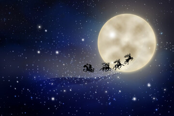 Obraz na płótnie Canvas Magic Christmas eve. Santa with reindeers flying in sky on full moon night