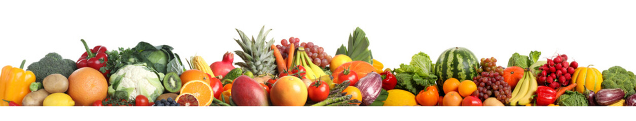 Fototapeta na wymiar Collection of fresh organic vegetables and fruits on white background. Banner design