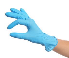 Doctor wearing medical gloves on white background, closeup