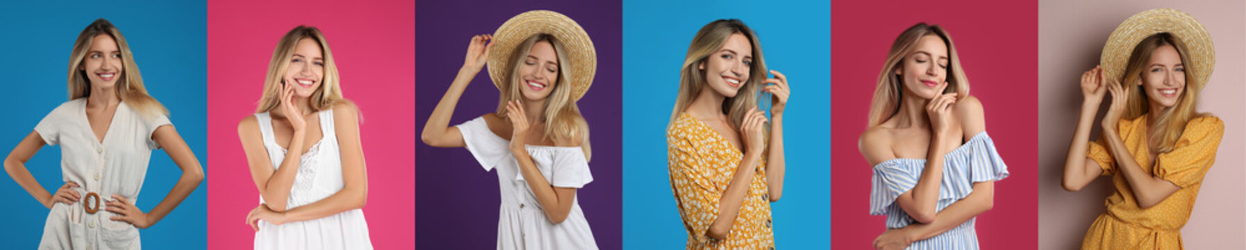 Collage with photos of young woman wearing different dresses on bright backgrounds