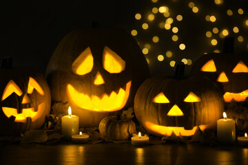 Fototapeta premium Pumpkin jack o'lanterns, autumn leaves and candles on table against blurred background. Halloween decor