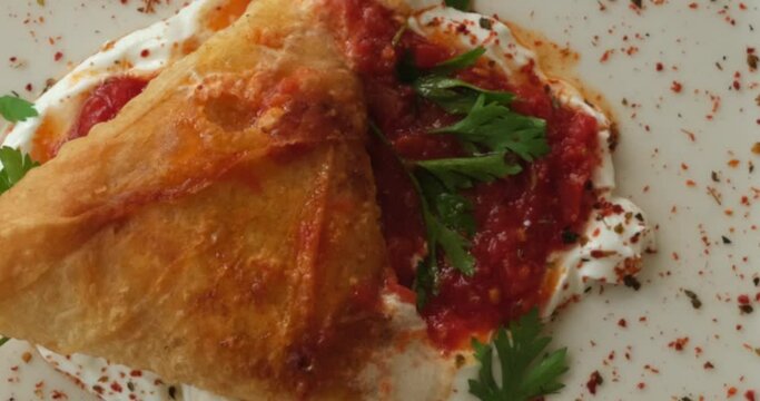 Borek served with sauce,yogurt and parsley