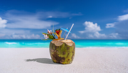 Coconut drink on a sandy beach