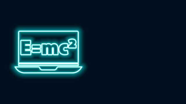 Glowing neon line Math system of equation solution on laptop icon isolated on black background. E equals mc squared equation on computer screen. 4K Video motion graphic animation
