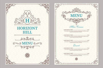 Restaurant menu design. Vector brochure template for cafe, coffee house, restaurant, bar. Food and drinks logotype symbol design. Vintage background