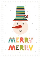 Christmas greeting card with snowman, hand drawn lettering text Merry Merry. Vector illustration. Template for congratulations.