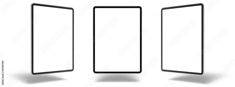 Poster empty screen tablet computer mock-up view on white background