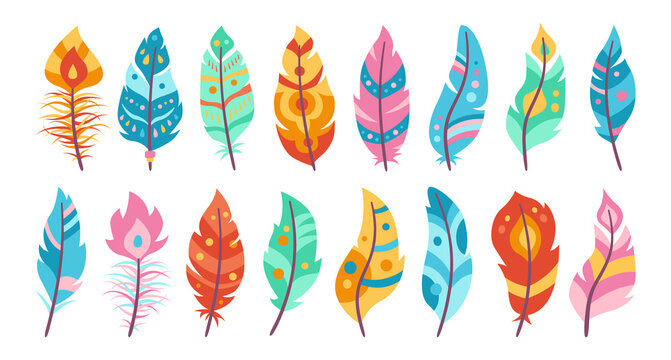 Fototapeta Boho feather cartoon set. Colorful bird feathers pattern, hand drawn indian design collection. Ethnic bohemian style, hipster symbols. Vector illustration
