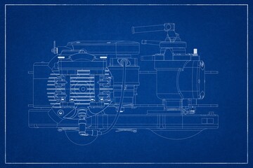3D design of a motorcycle engine with exploded view.