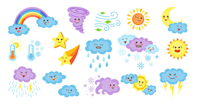 Weather cartoon characters set. Cute kawaii style emoticons sun and clouds, rain or snow, lightning, moon, star, rainbow. Symbols forecast weather. Meteorological signs with faces. Vector illustration