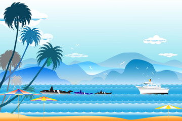 Vector illustration seascape background travel over sea with  umbrella.
