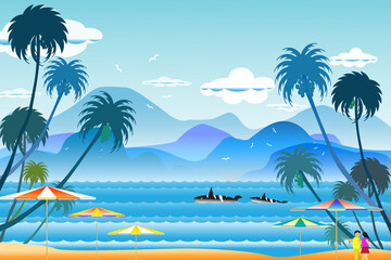 Vector illustration seascape background travel over sea with umbrella.