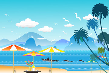 Fototapeta na wymiar Vector illustration seascape background travel over sea with umbrella.
