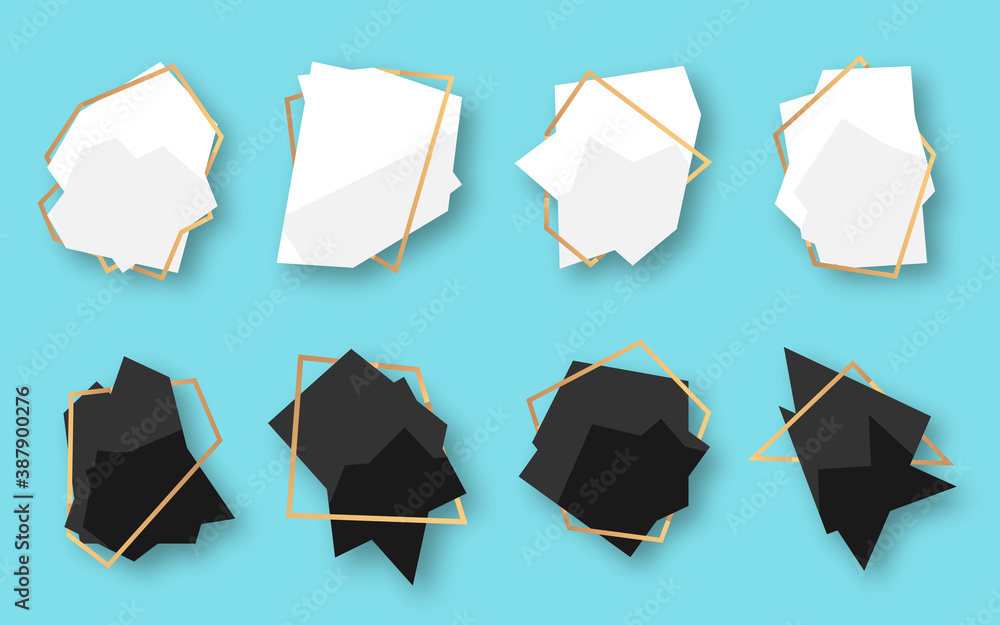 Aufkleber abstract polygonal geometric white and black banner with gold line frame set. empty template for any