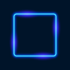 Blue neon square with purple lights on dark background, vector illustration.