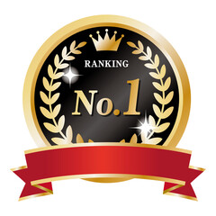 鮮やかな赤いリボンと黒とゴールドの高級感のあるナンバーワンメダルのアイコン/白背景
