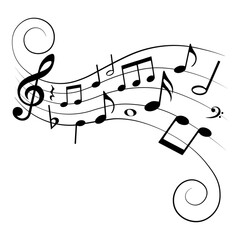 Music notes, symbols with curves and swirls on white background, vector illustration.