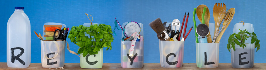 Plastic milk container recycled  for different contents with recycle text, recycling at home for...