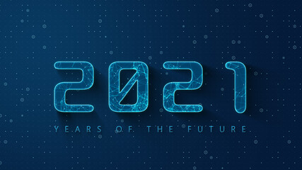 Digital banner 2021 Happy New Year on blue background with HUD interface and polygons. Futuristic technology 2021 concept. Digital design poster 2021 New Year for New Year, Christmas, Background.