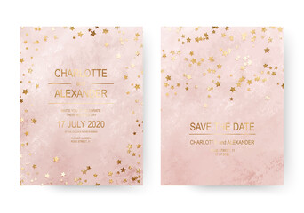Elegant pink acrylic wedding invitation cards with gold stars confetti.