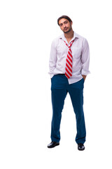 Young unhappy male employee isolated on white