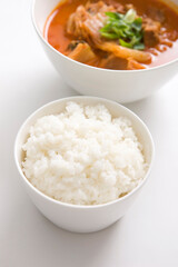 korean food, kimchi stew and boiled rice