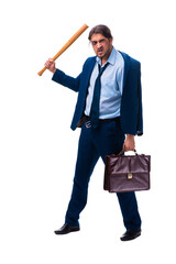 Young male employee holding baseball bat isolated on white