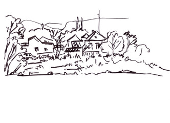 village in the foothills, graphic black and white drawing on a white background, travel sketch, copy space