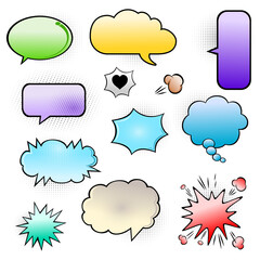 Retro empty comic bubbles and elements set with black halftone shadows