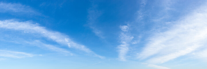 Obraz premium Translucent cirrus cloud stripes float slowly high in a bright blue sky on a sunny day. Panoramic skyscape shot. Weather, meteorology and types of clouds.