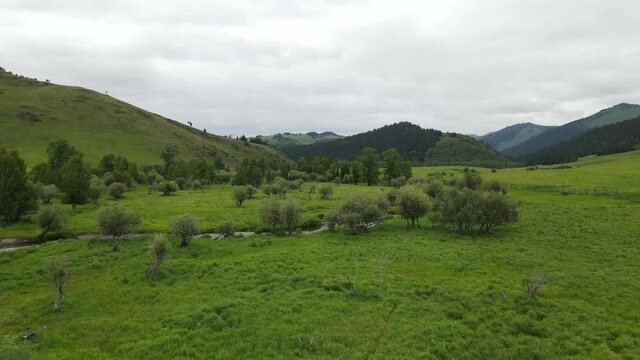 Landscape East Kazakhstan Upper Katon Karagay. Drone flight on DJI Mavic Air2, video 4K. River, green lowland near the mountains.