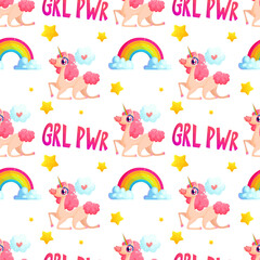 Unicorn and rainbow seamless pattern with grl pwr slogan. Cute girl power repeat background with pink magical horse character. Woman day girl apparel print.