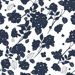 seamless pattern abstract round bouquet hydrangea flowers, leaves, stems silhouette design