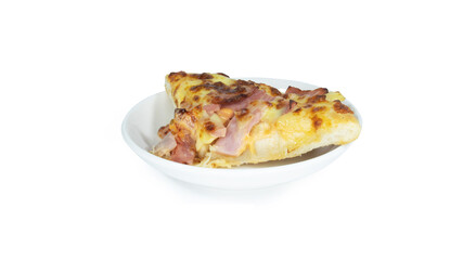 Pizza piece on white dish photoshoot, isolated on white background.