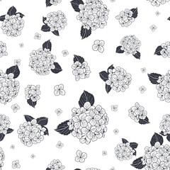 seamless pattern hand drawn black and white round bouquet hydrangea flowers with leaves design