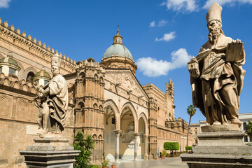 Sculpture in front of Palermo Cathedral Duomo di Palermo church, Sicily, Italy.