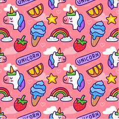 unicorn in doodle style seamless pattern on pink background. Can use for fabric etc