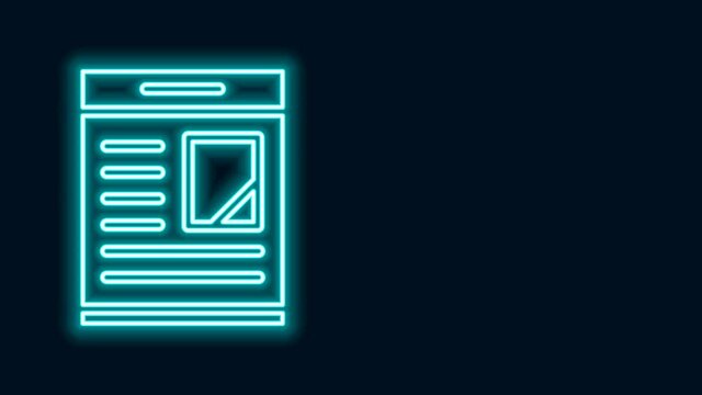 Glowing neon line Newspaper advertisement displaying obituaries icon isolated on black background. 4K Video motion graphic animation