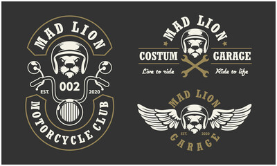 Fototapeta premium Lion head auto repair and custom Garage logo. Design element for company logo, label, emblem, sign, apparel or other merchandise. Scalable and editable Vector illustration.