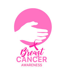 Hand holding breast symbol. Breast cancer awareness month concept. Vector ilustration.