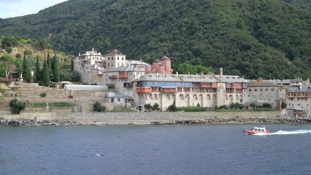 Xenophontos (Xenophon) monastery buildings in the Holy Mountain (Agio Oros) of Athos in Greece.