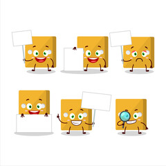 Yellow dice cartoon character bring information board