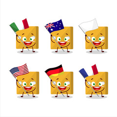 Yellow dice cartoon character bring the flags of various countries