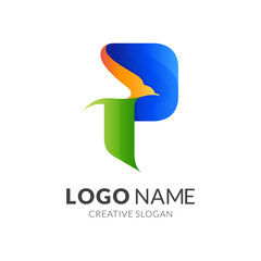 letter P bird logo, letter P and bird, combination logo with 3d colorful style