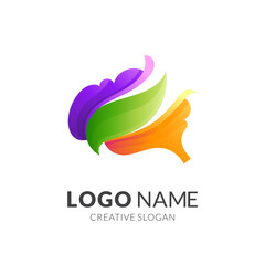 brain nature logo, brain and leaf, combination logo with 3d colorful style