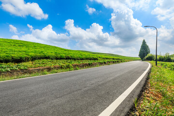 Fototapeta na wymiar Countryside asphalt road and green tea plantations with mountain natural scenery in Hangzhou on a sunny day.