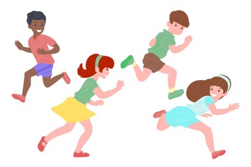 Happy children playing sports games. The boys and the girl are doing physical exercises. Children play catch-up. Active healthy childhood. Set of flat vector illustration isolated on white background