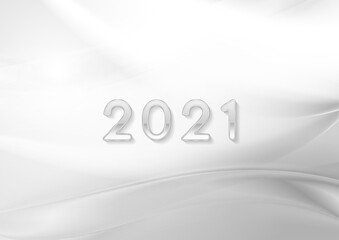 Grey liquid waves and glossy 2021 New Year abstract background. Smooth white wavy Christmas graphic design. Vector illustration