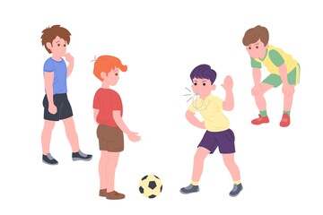 Fototapeta na wymiar Happy children playing sport game. Boy and girl doing physical exercise. Kids playing football. Active healthy childhood. Flat vector cartoon illustration isolated on white background