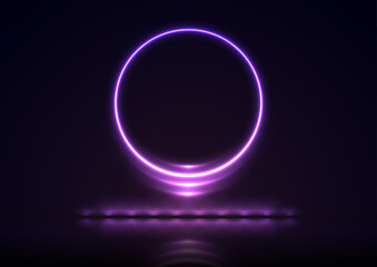 Glowing violet round neon sign with reflection. Abstract technology background. Futuristic luminous vector design